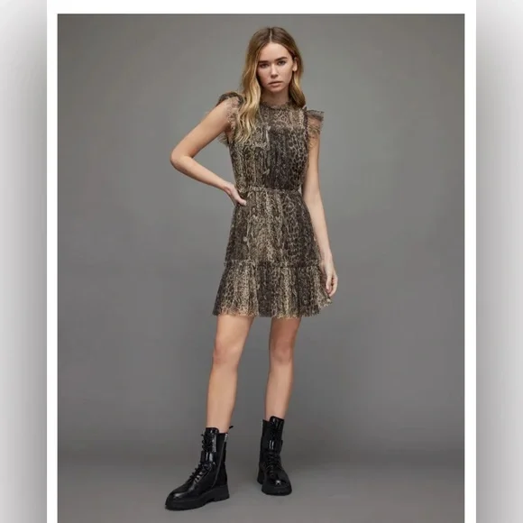 All Saints Perri Noche Animal Print Cap Sleeve Ruffle Mesh Minidress XL *flawed* - Picture 1 of 11